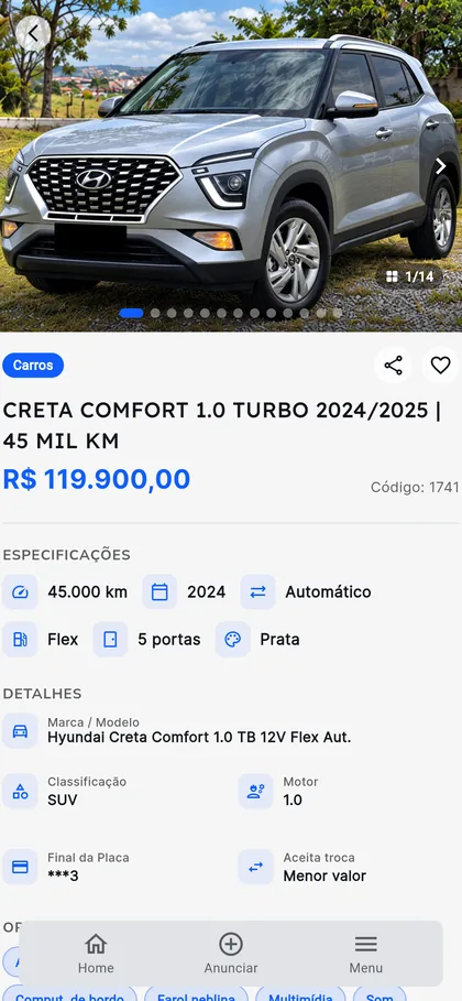 Anúncio de um Hyundai Creta com especificações e marca e modelo da Tabela FIPE