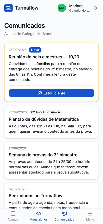 O mesmo comunicado no celular do responsável, com o botão Estou ciente